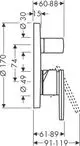 Technische Zeichnung eines Unterputz-Wannenmischers mit Hebelgriff in Brushed Bronze, hergestellt von AXOR. Maße und Details sind schematisch dargestellt.
